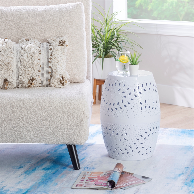 Linon Ingram Side Table with All Over Lace Cut Design in White Aluminum