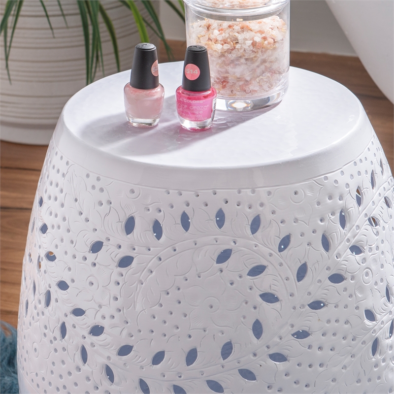 Linon Ingram Side Table with All Over Lace Cut Design in White Aluminum
