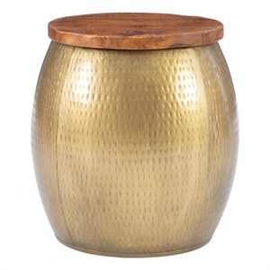 linon reid metal and wood drum side table with storage in gold