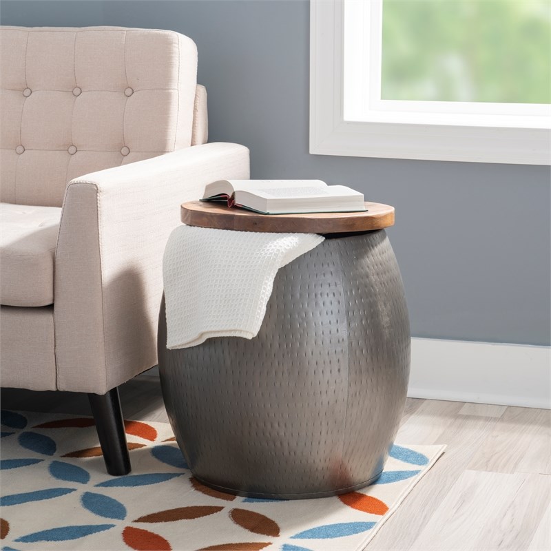 Linon Reid Metal and Wood Drum Side Table with Storage in Silver