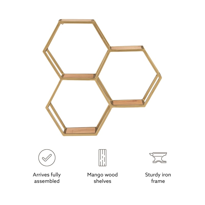 Linon Josia Iron and Wood Wall Storage and Display Shelves in Gold