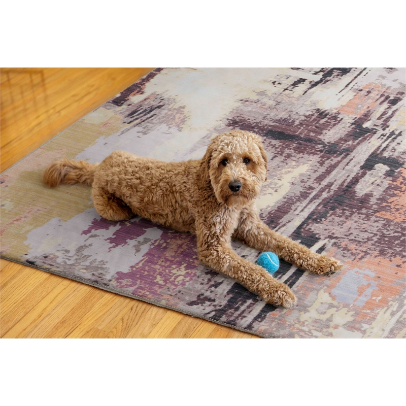 Linon Washable Klarna Polyester 5'x7' Rug in Ivory and Purple