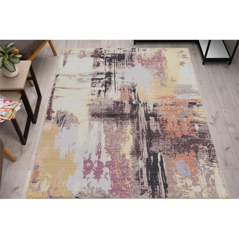 Linon Washable Klarna Polyester 5'x7' Rug in Ivory and Purple