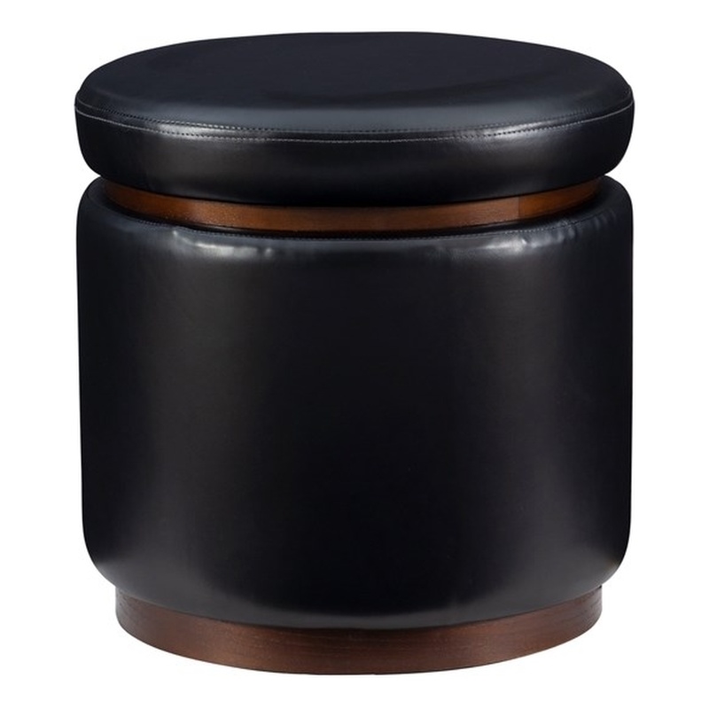 Linon Hawn Round Padded Storage Ottoman Dark Wood Trim in Black Faux Leather