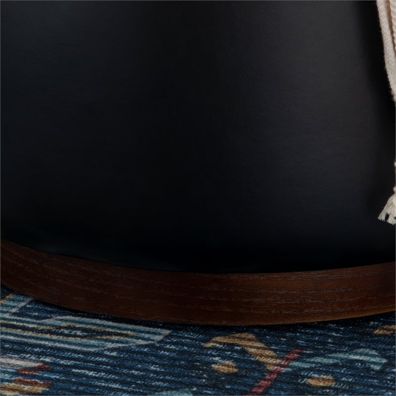 Linon Hawn Round Padded Storage Ottoman Dark Wood Trim in Black Faux Leather