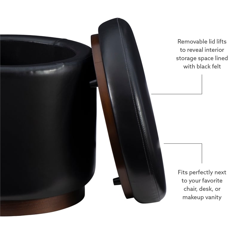 Linon Hawn Round Padded Storage Ottoman Dark Wood Trim in Black Faux Leather