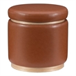 Linon Hawn Round Padded Storage Ottoman Wood Trim in Caramel Brown Faux Leather