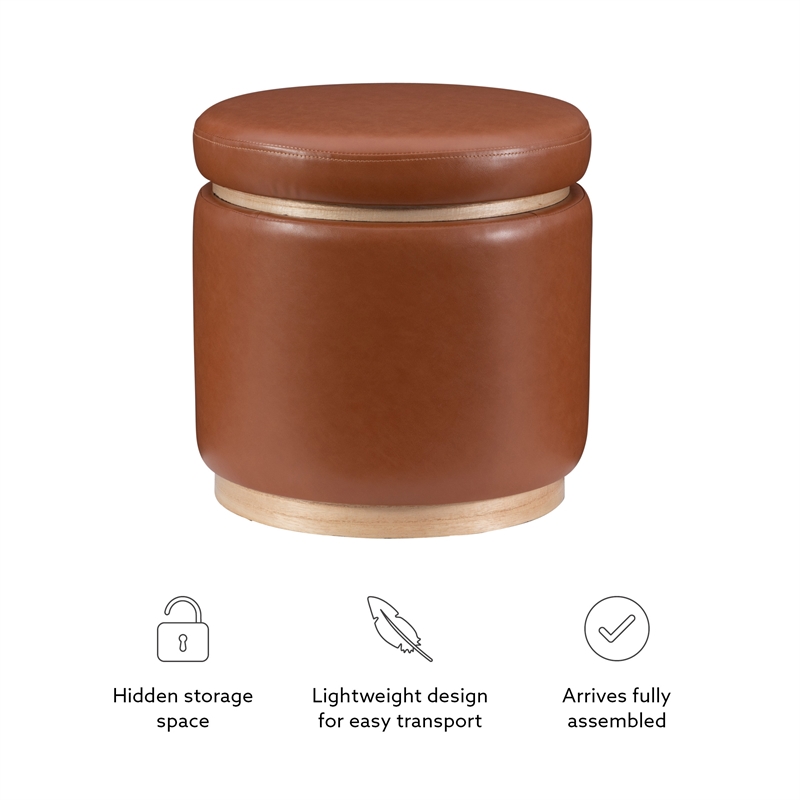 Linon Hawn Round Padded Storage Ottoman Wood Trim in Caramel Brown Faux Leather