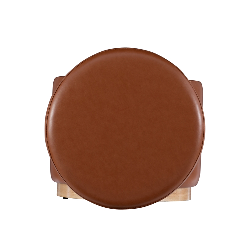 Linon Hawn Round Padded Storage Ottoman Wood Trim in Caramel Brown Faux Leather