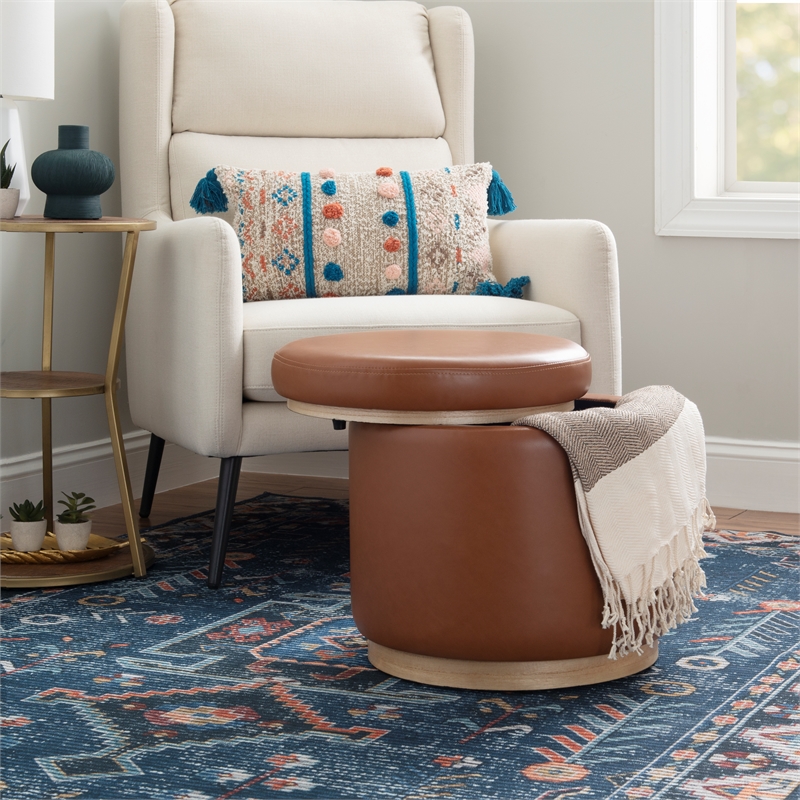 Linon Hawn Round Padded Storage Ottoman Wood Trim in Caramel Brown Faux Leather