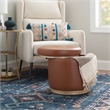 Linon Hawn Round Padded Storage Ottoman Wood Trim in Caramel Brown Faux Leather