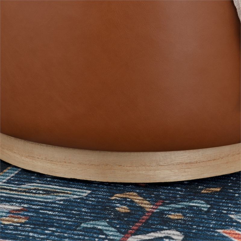 Linon Hawn Round Padded Storage Ottoman Wood Trim in Caramel Brown Faux Leather