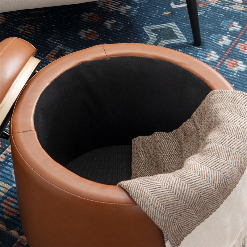 Linon Hawn Round Padded Storage Ottoman Wood Trim in Caramel Brown Faux Leather