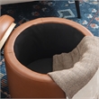 Linon Hawn Round Padded Storage Ottoman Wood Trim in Caramel Brown Faux Leather