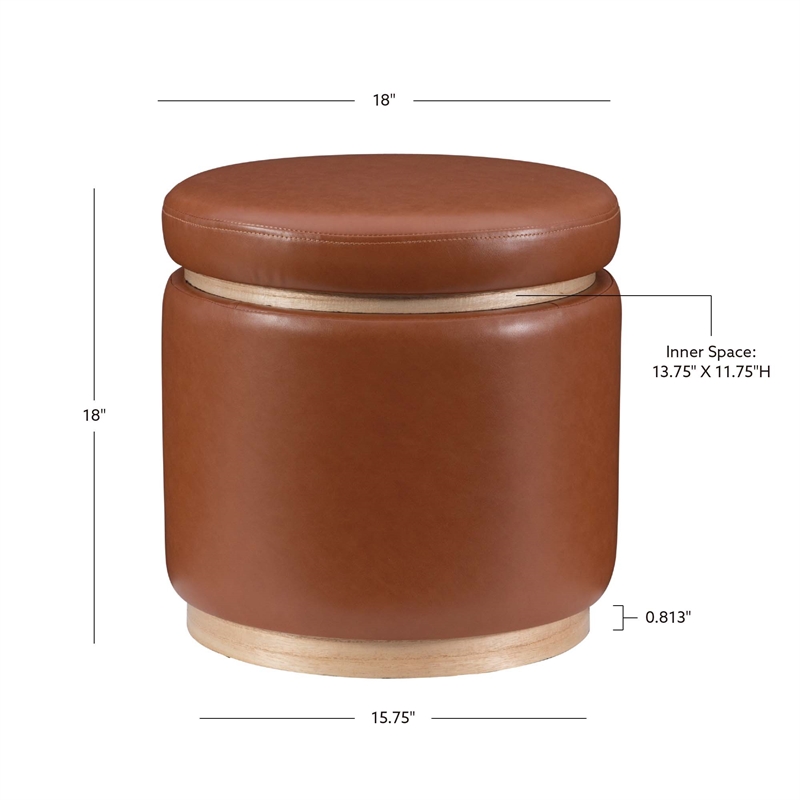 Linon Hawn Round Padded Storage Ottoman Wood Trim in Caramel Brown Faux Leather