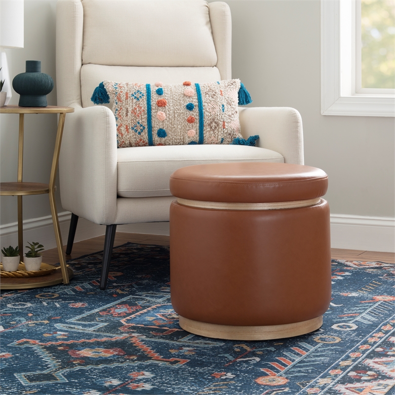 Linon Hawn Round Padded Storage Ottoman Wood Trim in Caramel Brown Faux Leather