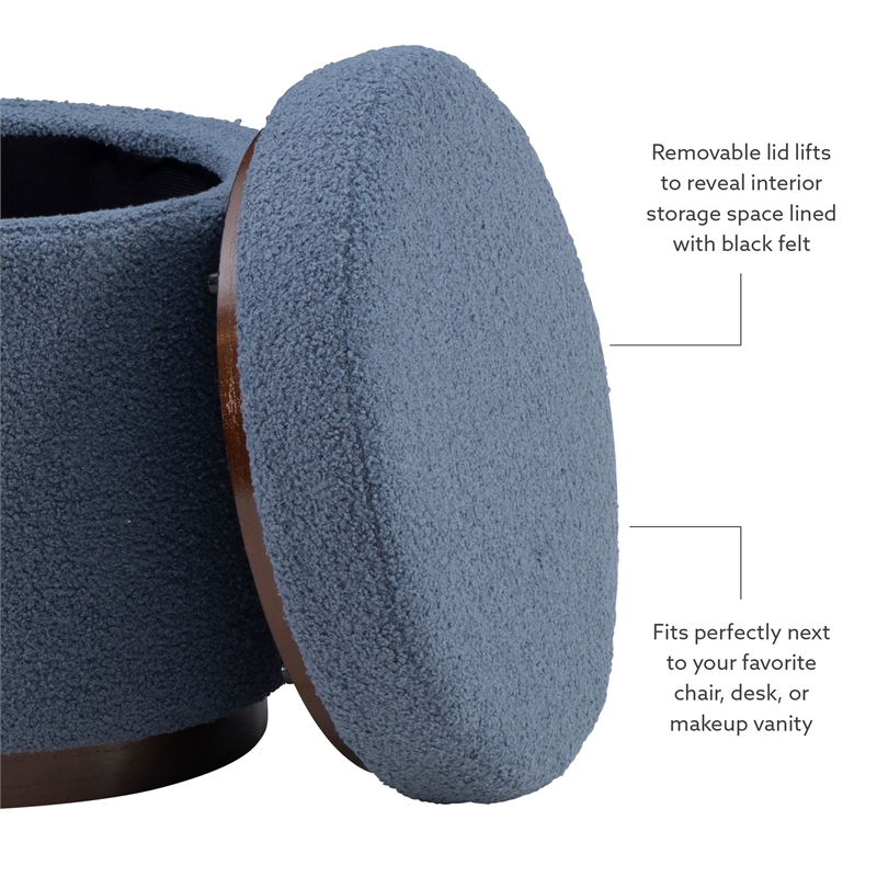 Linon Hawn Round Padded Storage Ottoman Dark Wood Trim in Blue Gray Sherpa
