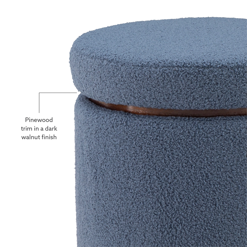 Linon Hawn Round Padded Storage Ottoman Dark Wood Trim in Blue Gray Sherpa