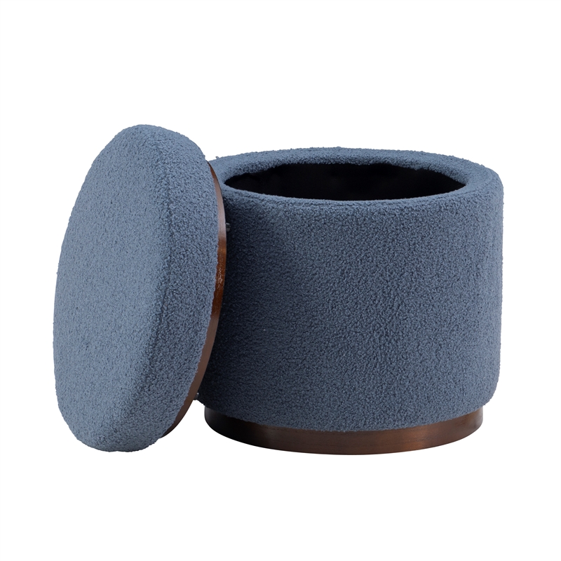 Linon Hawn Round Padded Storage Ottoman Dark Wood Trim in Blue Gray Sherpa