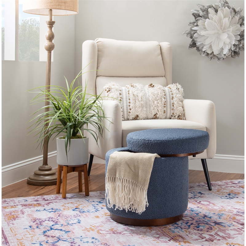 Linon Hawn Round Padded Storage Ottoman Dark Wood Trim in Blue Gray Sherpa
