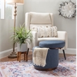 Linon Hawn Round Padded Storage Ottoman Dark Wood Trim in Blue Gray Sherpa