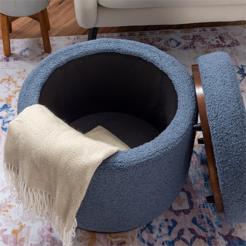 Linon Hawn Round Padded Storage Ottoman Dark Wood Trim in Blue Gray Sherpa