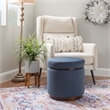 Linon Hawn Round Padded Storage Ottoman Dark Wood Trim in Blue Gray Sherpa