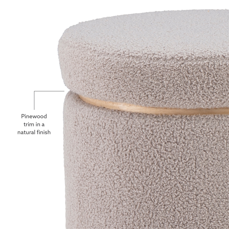Linon Hawn Round Padded Storage Ottoman Light Wood Trim in Gray Sherpa Fabric