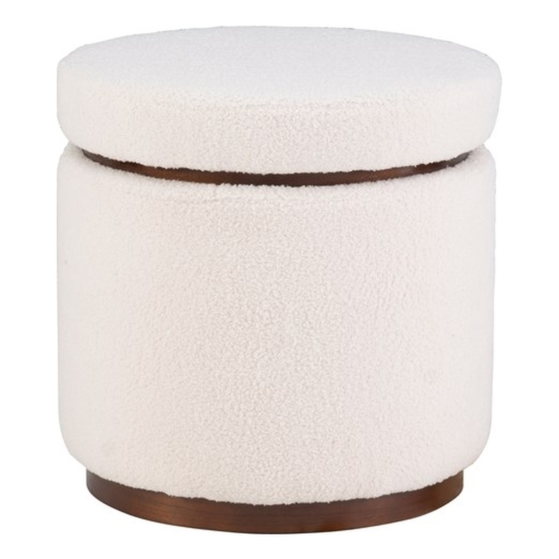 Linon Hawn Round Padded Storage Ottoman Dark Wood Trim in Natural Sherpa Fabric