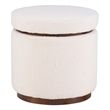 Linon Hawn Round Padded Storage Ottoman Dark Wood Trim in Natural Sherpa Fabric