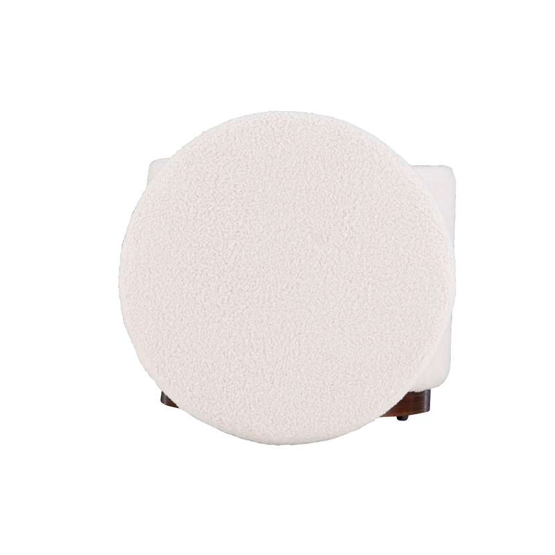 Linon Hawn Round Padded Storage Ottoman Dark Wood Trim in Natural Sherpa Fabric