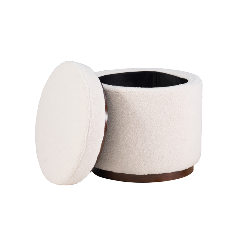 Linon Hawn Round Padded Storage Ottoman Dark Wood Trim in Natural Sherpa Fabric