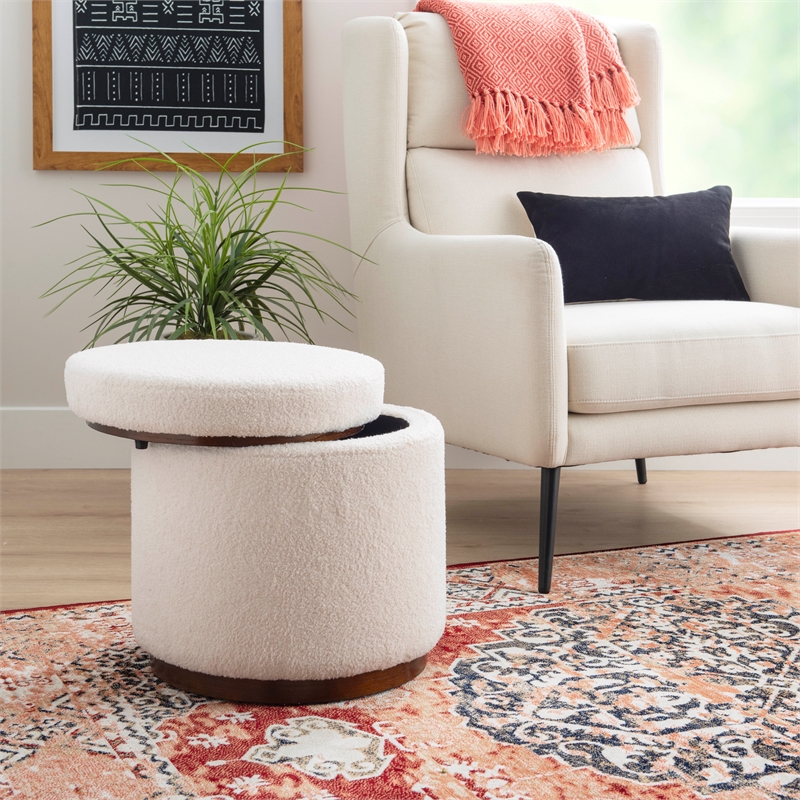 Linon Hawn Round Padded Storage Ottoman Dark Wood Trim in Natural Sherpa Fabric