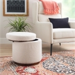 Linon Hawn Round Padded Storage Ottoman Dark Wood Trim in Natural Sherpa Fabric