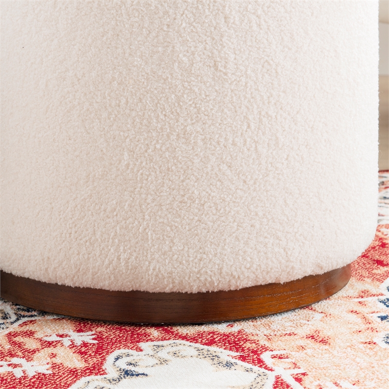 Linon Hawn Round Padded Storage Ottoman Dark Wood Trim in Natural Sherpa Fabric