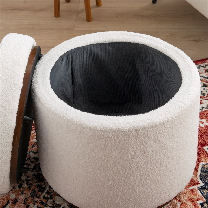 Linon Hawn Round Padded Storage Ottoman Dark Wood Trim in Natural Sherpa Fabric