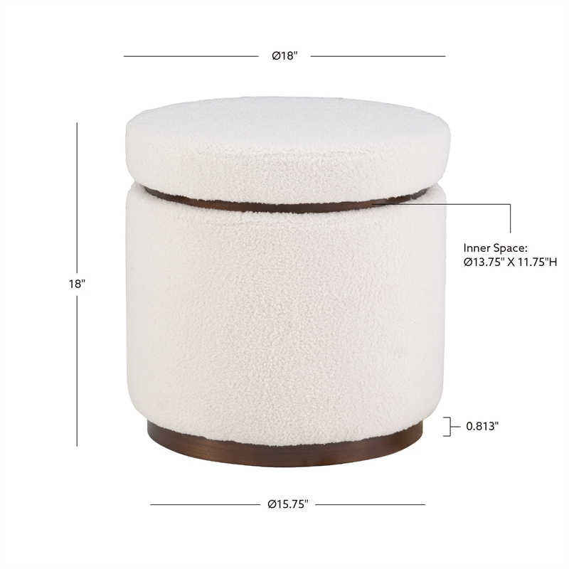 Linon Hawn Round Padded Storage Ottoman Dark Wood Trim in Natural Sherpa Fabric
