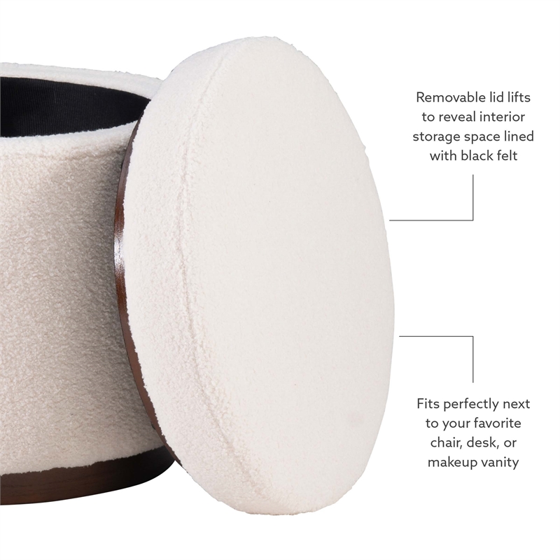 Linon Hawn Round Padded Storage Ottoman Dark Wood Trim in Natural Sherpa Fabric