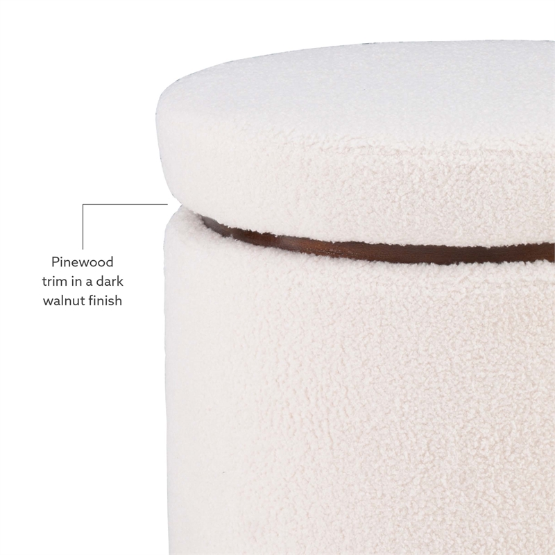 Linon Hawn Round Padded Storage Ottoman Dark Wood Trim in Natural Sherpa Fabric