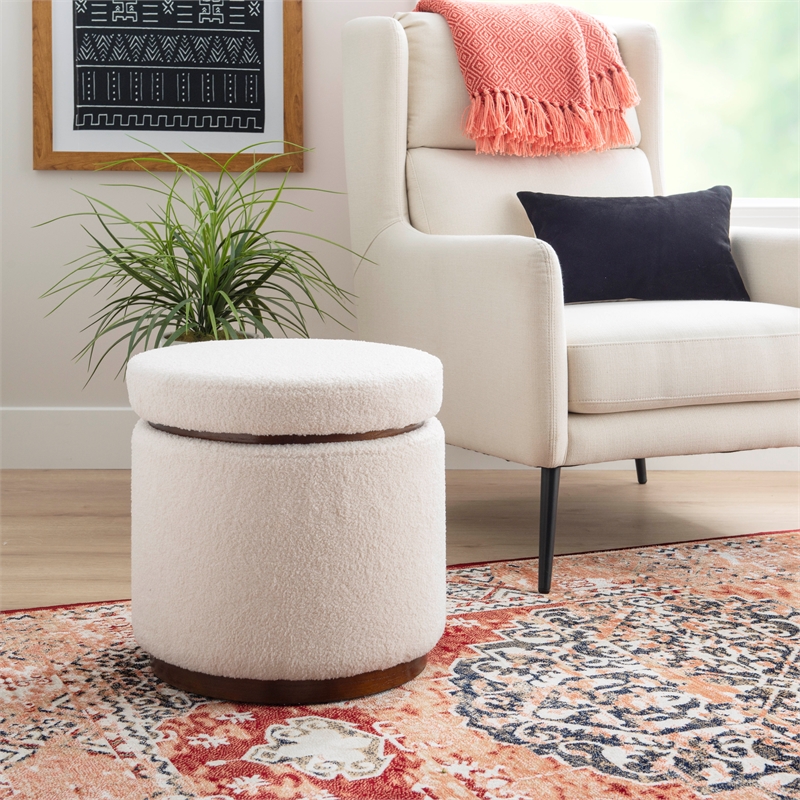 Linon Hawn Round Padded Storage Ottoman Dark Wood Trim in Natural Sherpa Fabric