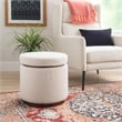 Linon Hawn Round Padded Storage Ottoman Dark Wood Trim in Natural Sherpa Fabric