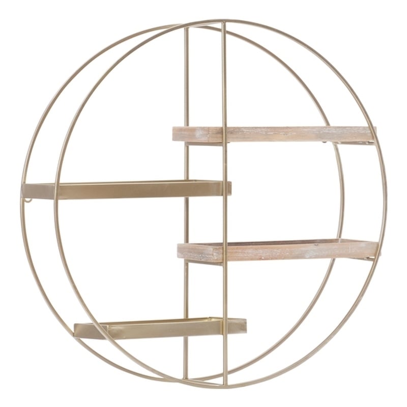 Linon Kenson Round Metal and Greywashed Wood Four Shelf Wall Storage in Gold