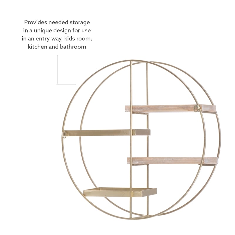 Linon Kenson Round Metal and Greywashed Wood Four Shelf Wall Storage in Gold