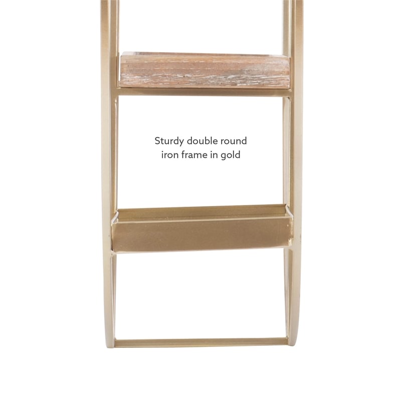 Linon Kenson Round Metal and Greywashed Wood Four Shelf Wall Storage in Gold