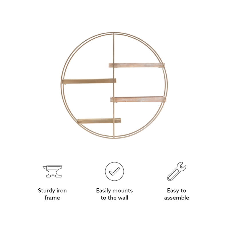 Linon Kenson Round Metal and Greywashed Wood Four Shelf Wall Storage in Gold