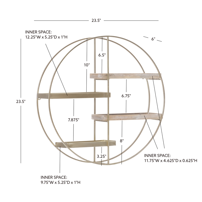 Linon Kenson Round Metal and Greywashed Wood Four Shelf Wall Storage in Gold