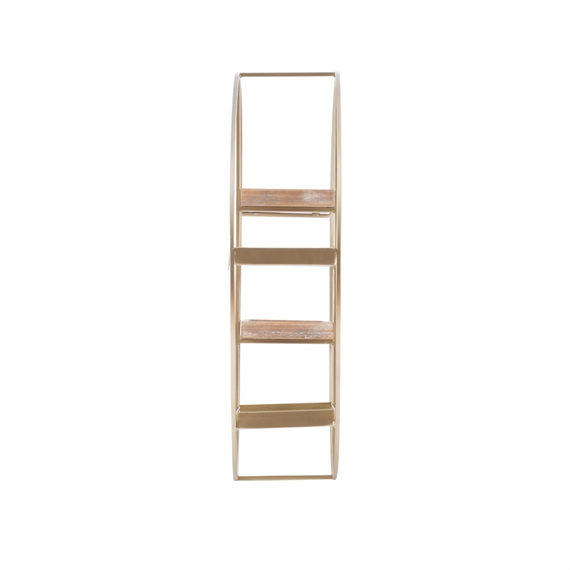 Linon Kenson Round Metal and Greywashed Wood Four Shelf Wall Storage in Gold
