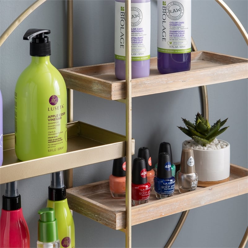 Linon Kenson Round Metal and Greywashed Wood Four Shelf Wall Storage in Gold