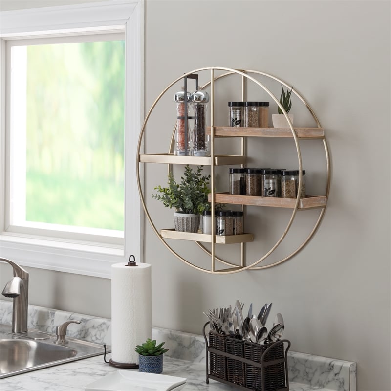 Linon Kenson Round Metal and Greywashed Wood Four Shelf Wall Storage in Gold