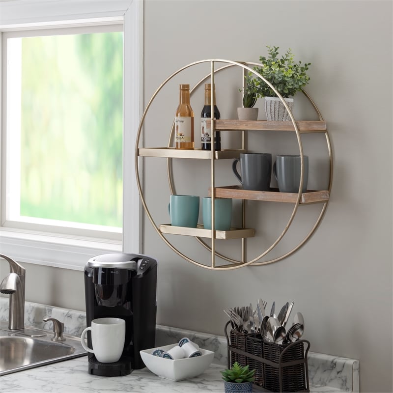 Linon Kenson Round Metal and Greywashed Wood Four Shelf Wall Storage in Gold